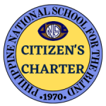 A round-shaped logo with the PNSB logo and have a text written "Philippine National School for the Blind 1970 in circular writings and another text reads, "Citizen's Charter at the inside center of the shape