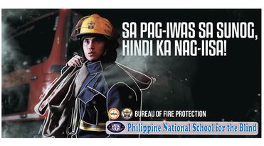 Tarpaulin of Fire Prevention Month 2023 with Theme written "Sa Pag-iwas sa Sunog: Hindi ka Nag-iisa with photo of a man wearing fire safety hat