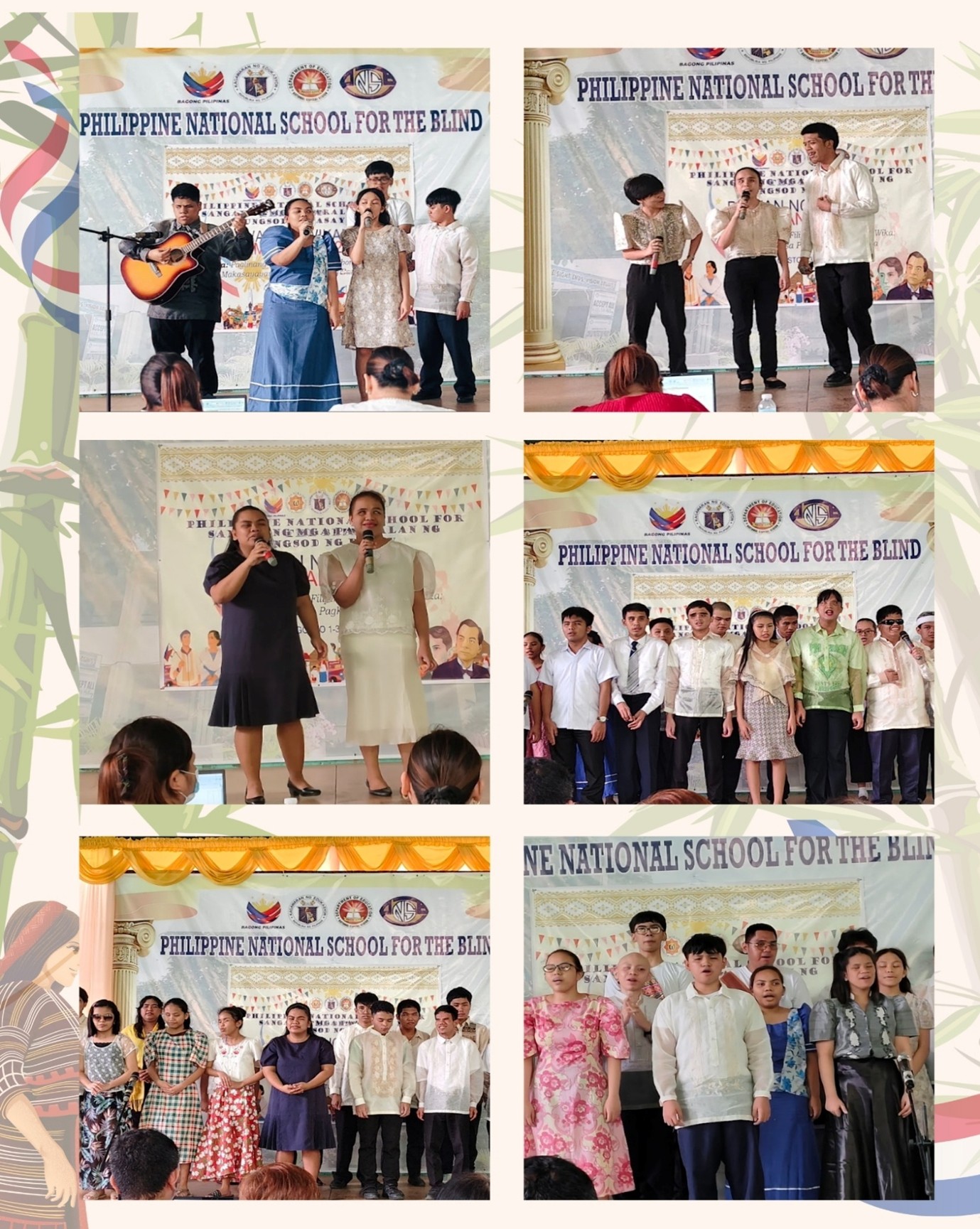 A collage of six photos taken onstage at the Philippine National School for the Blind during a school program. Students dressed in traditional Filipino attire—such as barong, Filipiniana dresses, and formal wear—perform various musical numbers. • The top-left photo shows a group performing with a guitar and microphones. • The top-right photo features three students singing together, one holding a braille book. • The middle-left image shows a pair of students singing a duet. • The middle-right image captures a large group of students lined up onstage in coordinated barongs and Filipiniana outfits. • The bottom-left and bottom-right images show more group performances, with students of different ages standing confidently onstage. Behind them, the backdrop displays the school’s name and event decorations, creating a festive and formal program atmosphere.