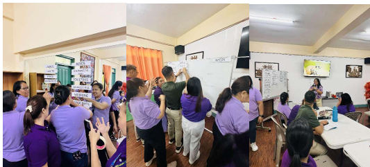 A collage of three photos showing teachers participating in a group training or workshop inside a classroom. In the first image, several teachers in purple shirts stand around a wall placing labeled strips of paper as part of an activity. In the second image, participants work together at a whiteboard, writing and arranging items while others observe closely. In the third image, teachers sit at tables listening to a facilitator who is presenting from the front of the room, with a TV screen and whiteboard displaying information. The atmosphere appears collaborative and interactive.